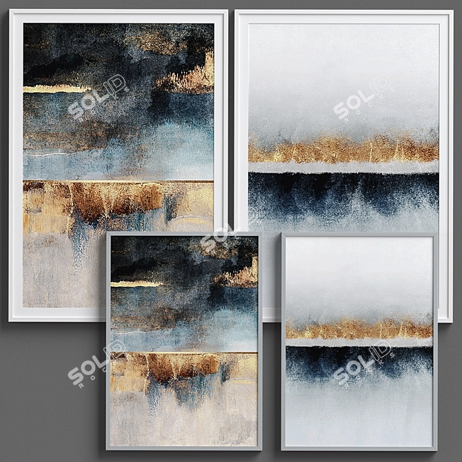 Abstract Black & Gold Framed Print Set 3D model image 4