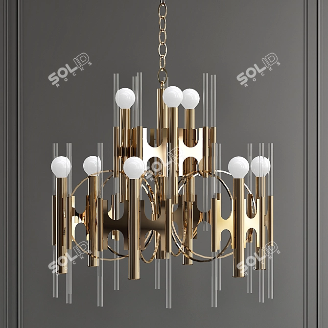 Italian Brass & Glass Chandelier 3D model image 1