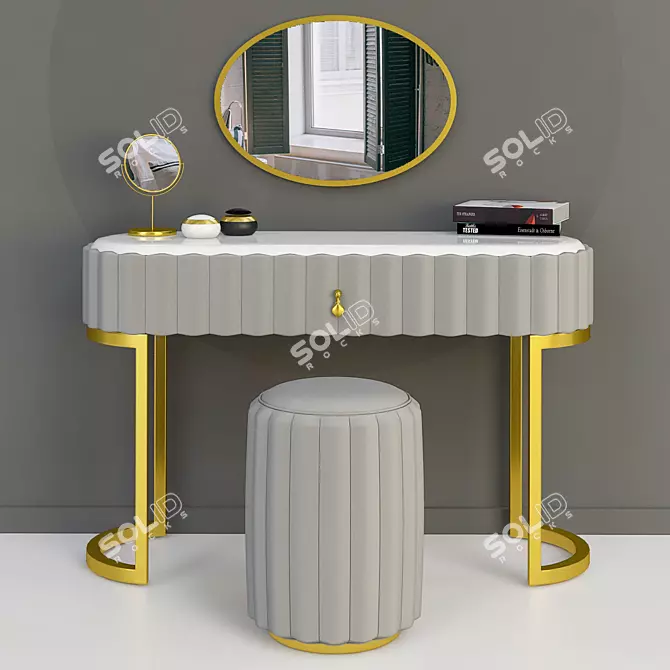 Glam Vanity Set: Drawer Mirror & Leather Stool 3D model image 1