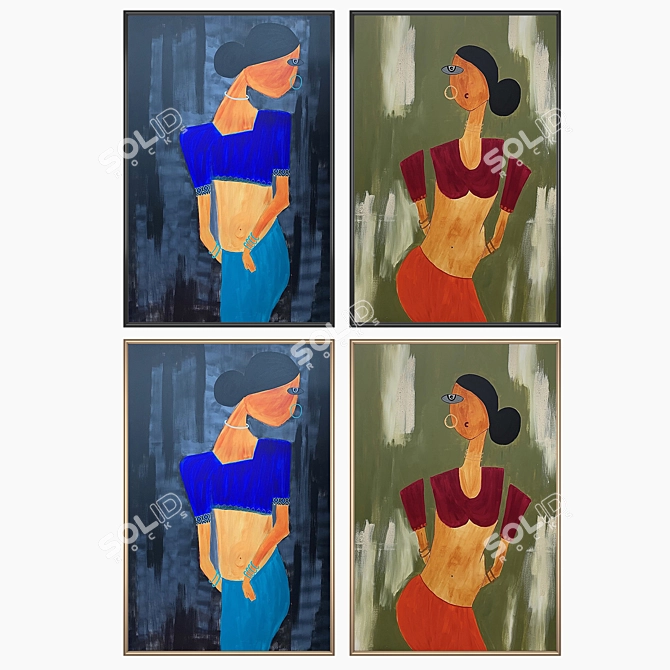 Unique Set of Wall Paintings with Frames 3D model image 2