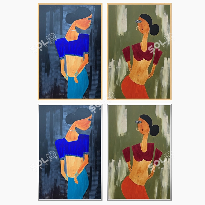 Unique Set of Wall Paintings with Frames 3D model image 3