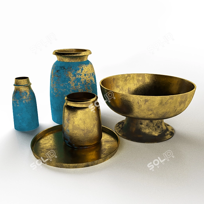 Golden Treasure Decor Set: Vases, Bowl & Tray 3D model image 1