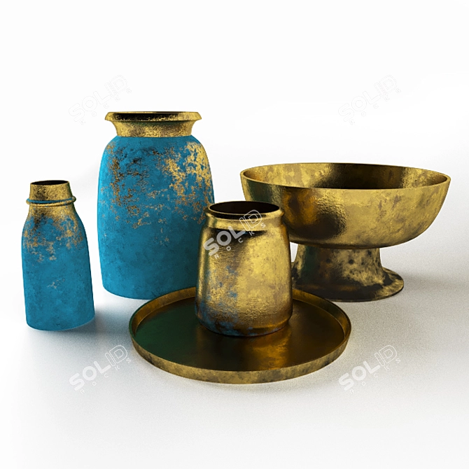 Golden Treasure Decor Set: Vases, Bowl & Tray 3D model image 2