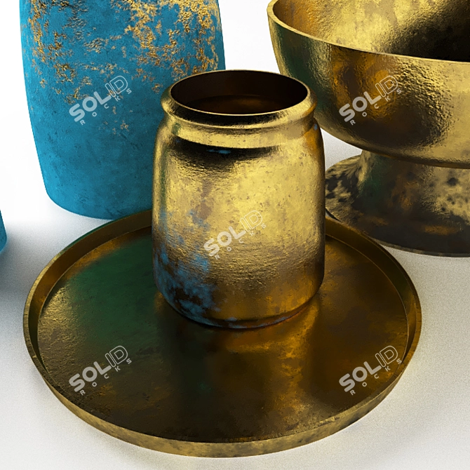 Golden Treasure Decor Set: Vases, Bowl & Tray 3D model image 3