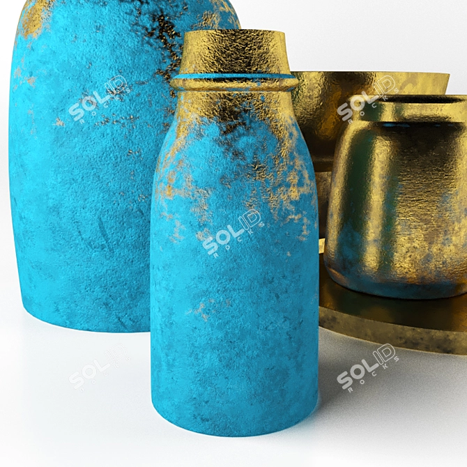Golden Treasure Decor Set: Vases, Bowl & Tray 3D model image 4