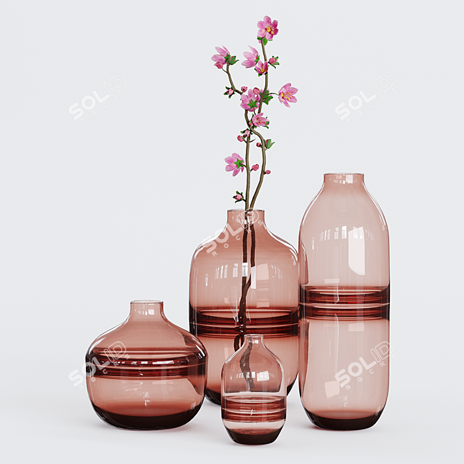 Elegant Glass Vases with Blossoms 3D model image 2