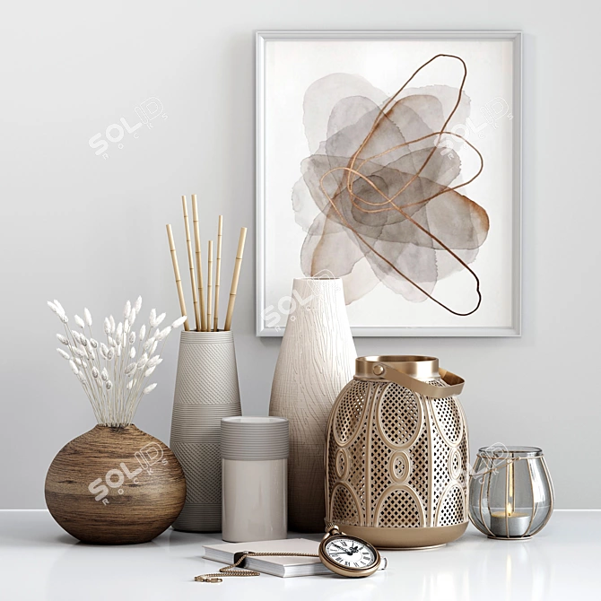 Elegant Decor Set with Vases, Dried Flowers, and Clocks 3D model image 1