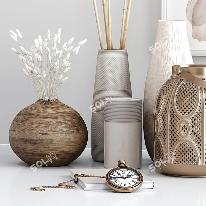 Elegant Decor Set with Vases, Dried Flowers, and Clocks 3D model image 2
