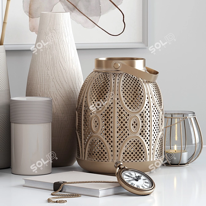 Elegant Decor Set with Vases, Dried Flowers, and Clocks 3D model image 4