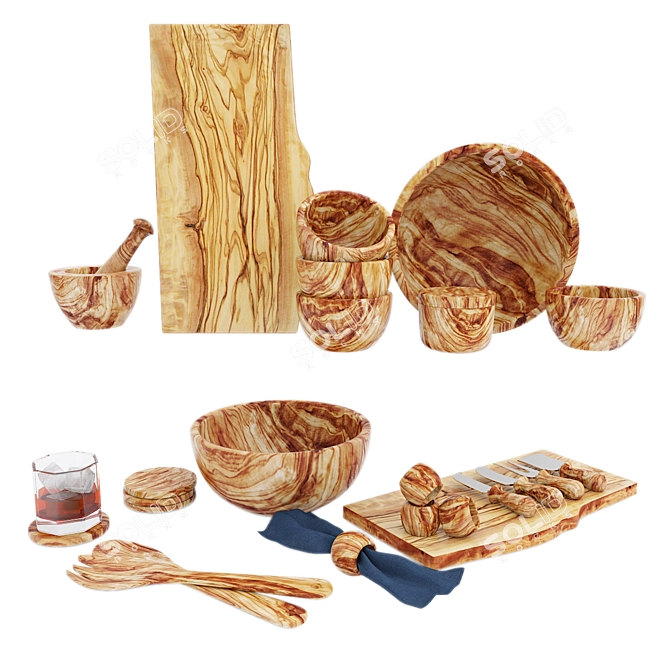 Modern Rustic Olive Wood Serveware 3D model image 1