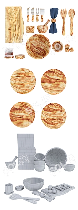 Modern Rustic Olive Wood Serveware 3D model image 8