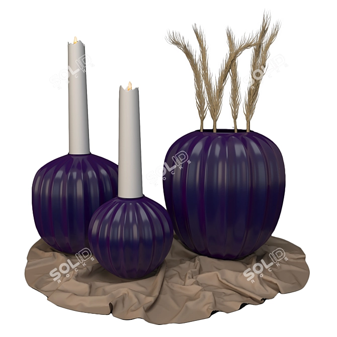 Elegant Vase Trio with Pampass Plant 3D model image 1