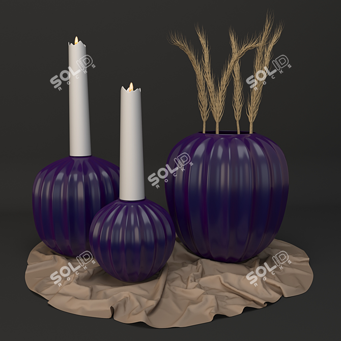 Elegant Vase Trio with Pampass Plant 3D model image 3