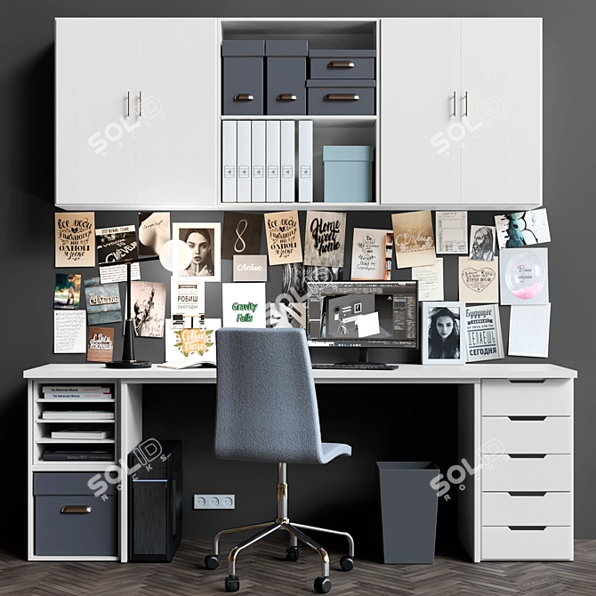 Modern Office Furniture Set: Wardrobe, Table, Chair, Stationery, Laptop, Folder 3D model image 1