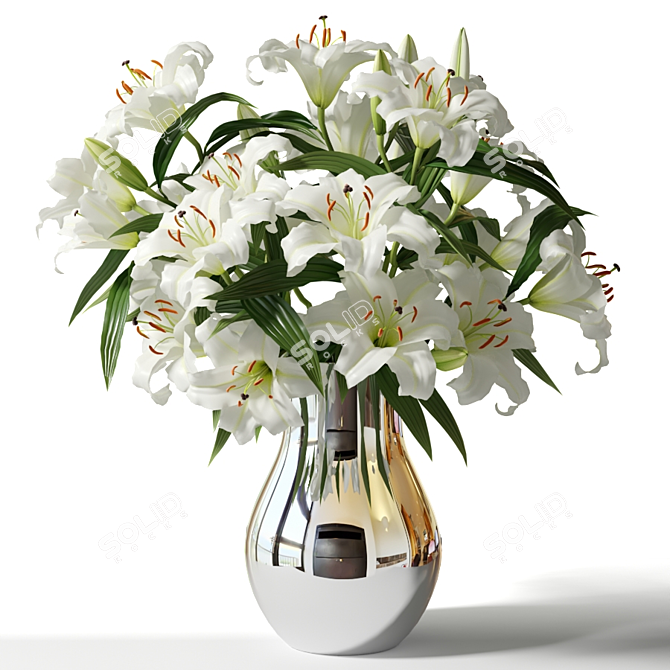 Elegant Lily Bouquet in Metal Vase 3D model image 1