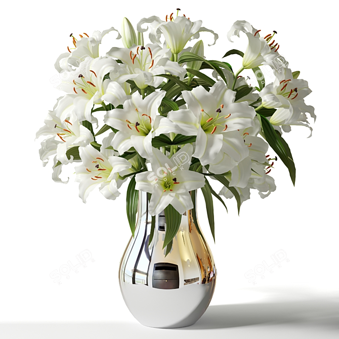 Elegant Lily Bouquet in Metal Vase 3D model image 2