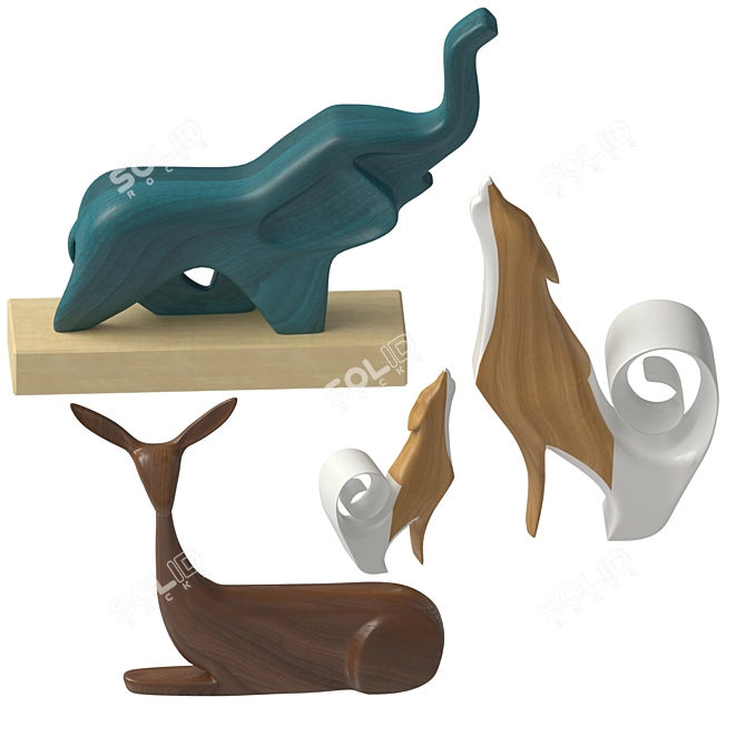 Wooden Animal Figurines - Elephant, Fox, Deer 3D model image 1