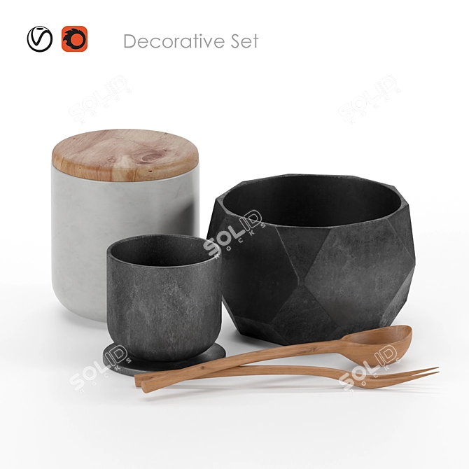 Artisan Decor Set: Pottery, Stone, Wood 3D model image 1