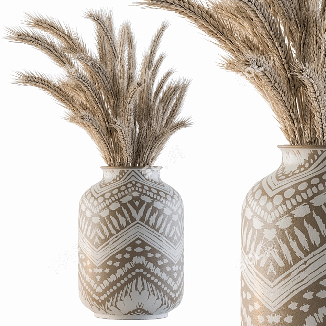 Hand-drawn Wheat Vase: Dried Plants 3D model image 1