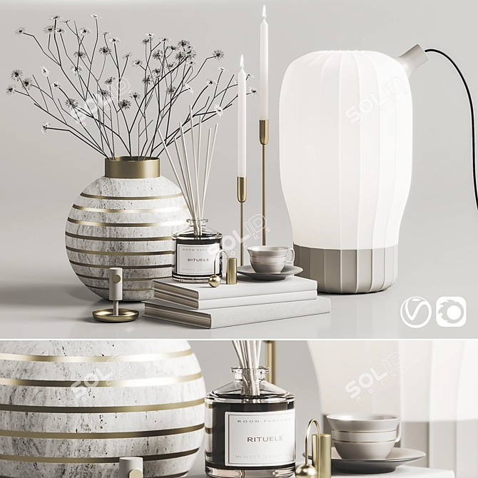 Modern Decor Set - Vase, Lamp, Cup, Candle, Books 3D model image 1