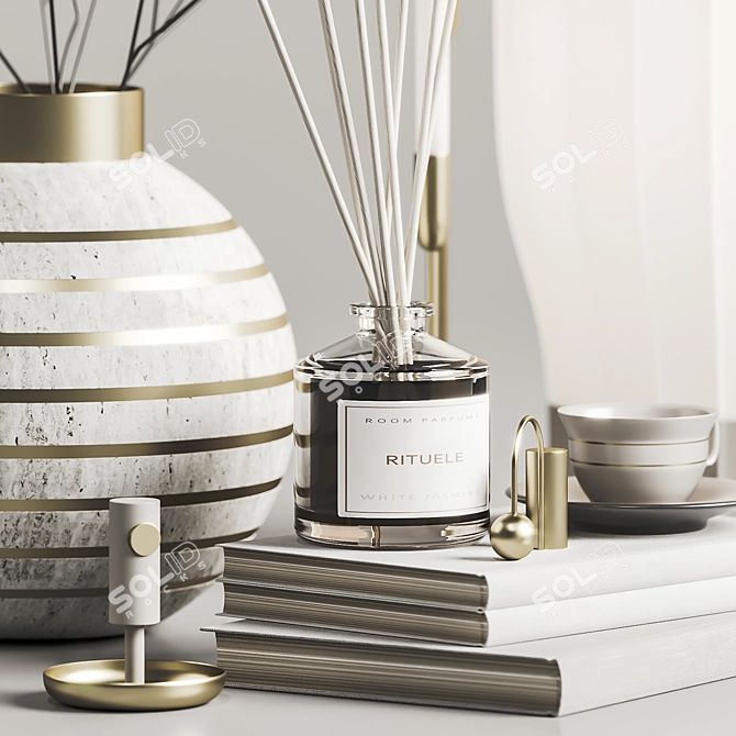 Modern Decor Set - Vase, Lamp, Cup, Candle, Books 3D model image 2