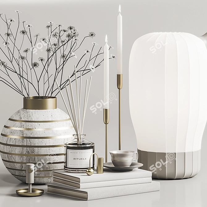 Modern Decor Set - Vase, Lamp, Cup, Candle, Books 3D model image 3