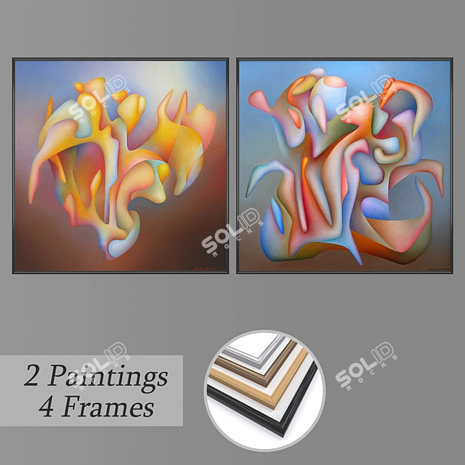 Modern Art Set: 2 Paintings, 4 Frame Options 3D model image 1