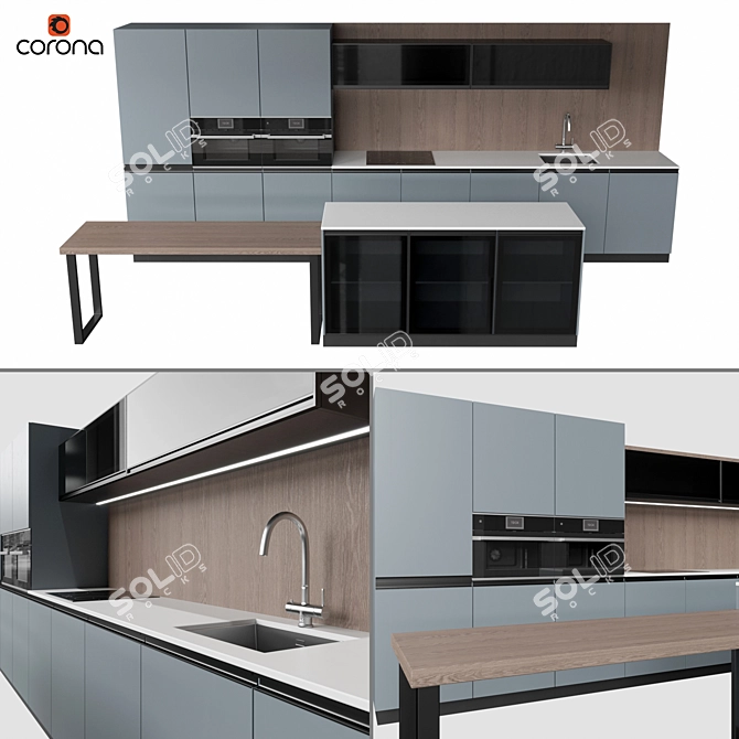 Blue Kitchen Set: Omoikiri Mixer, Kuppersbusch Oven & Microwave 3D model image 1