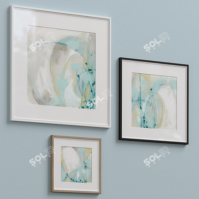 Coastal Turquoise Abstract Wall Art Set 3D model image 4