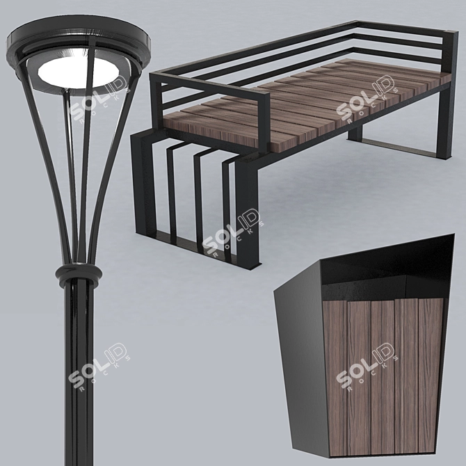 Outdoor Elements: Bench, Urn, Lantern 3D model image 1