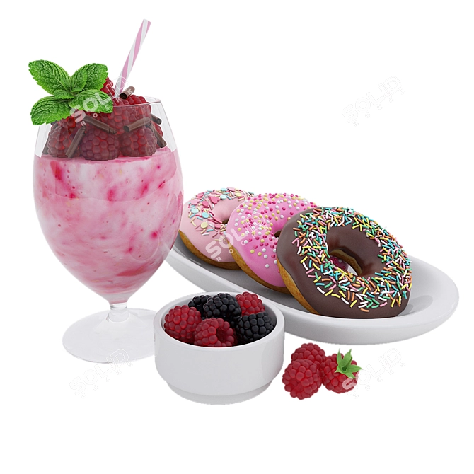 Delicious Raspberry Shake & Donuts 3D model image 1