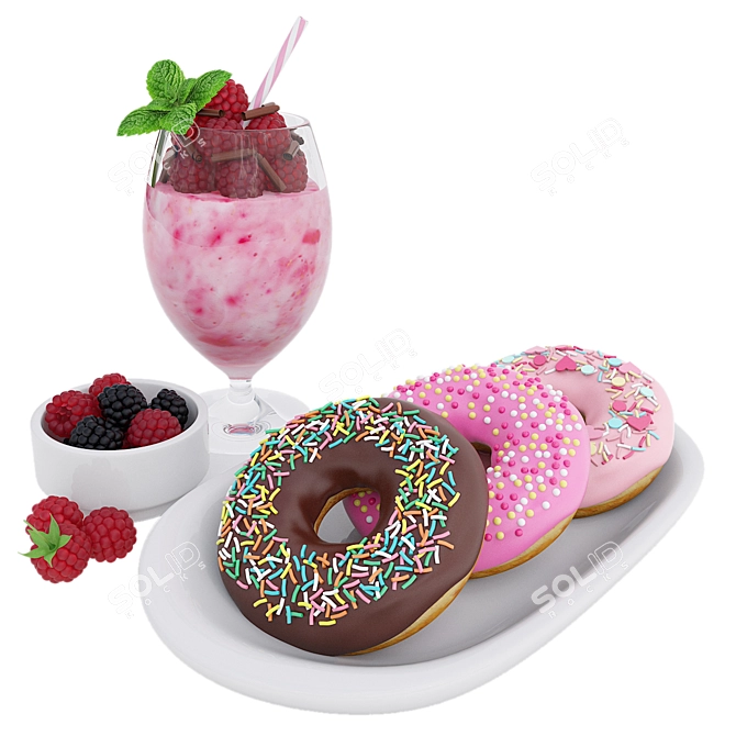 Delicious Raspberry Shake & Donuts 3D model image 2