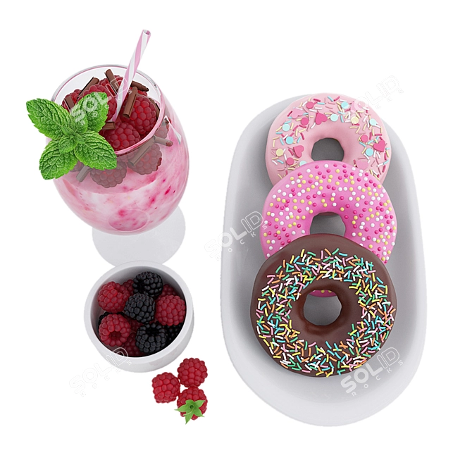 Delicious Raspberry Shake & Donuts 3D model image 3