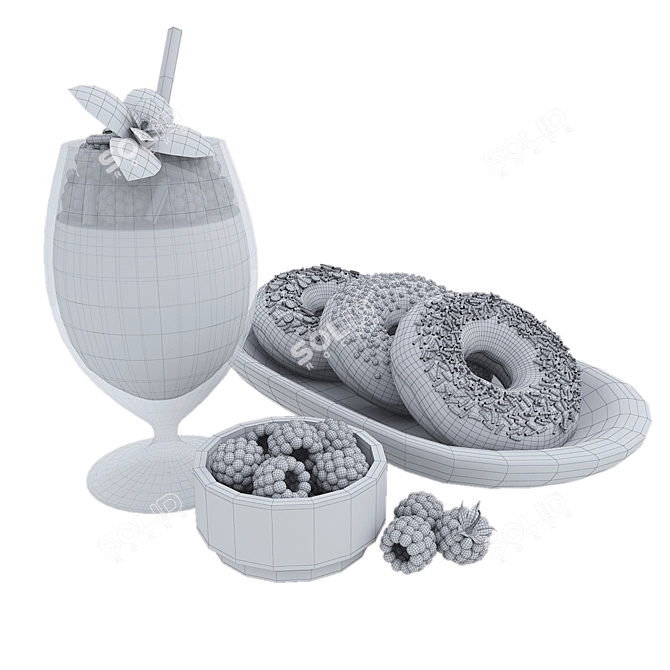 Delicious Raspberry Shake & Donuts 3D model image 5