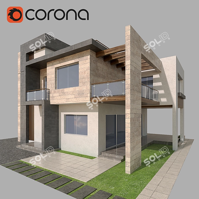 Contemporary Villa with Stone & Concrete 3D model image 3