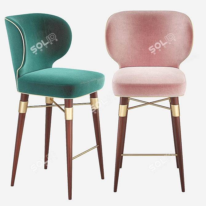 Louis Mid-Century Velvet Bar Stool 3D model image 1