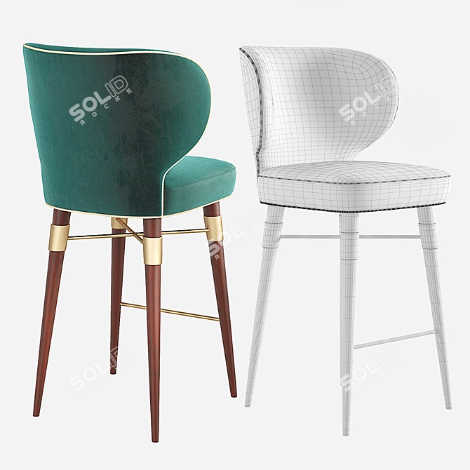 Louis Mid-Century Velvet Bar Stool 3D model image 3