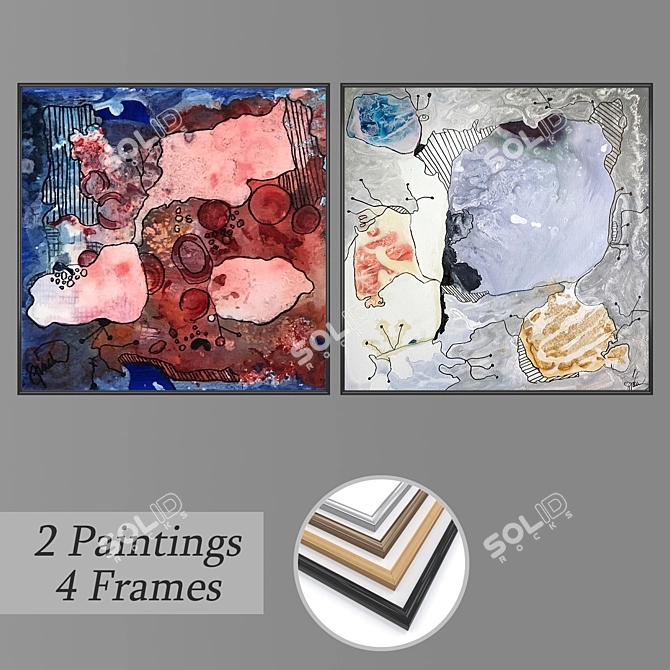 Modern Wall Art Set with 2 Paintings & 4 Frame Options 3D model image 1