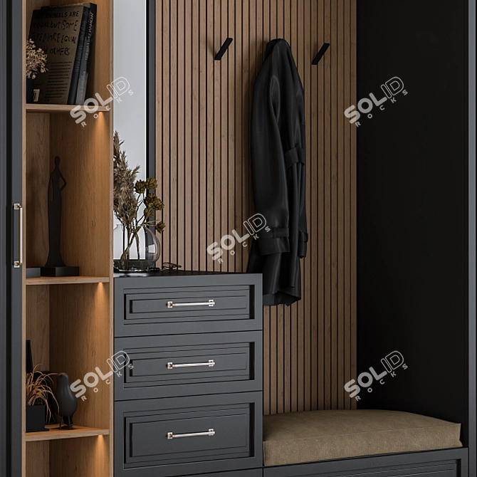 Elegant Black and Wood Hallway Set 3D model image 3