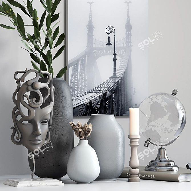 Decorative Set: Vases, Olive, Globe & Statuette 3D model image 2