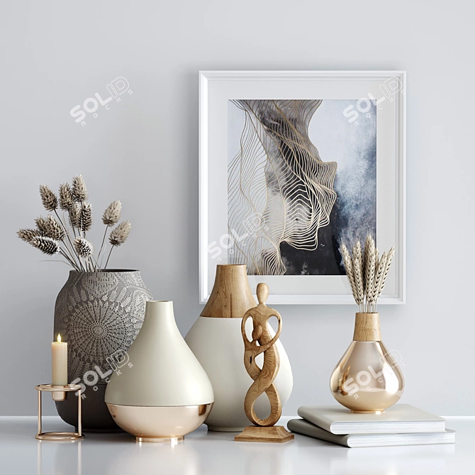 Elegant Decor Set: Vases, Dried Flowers & Figurine 3D model image 1