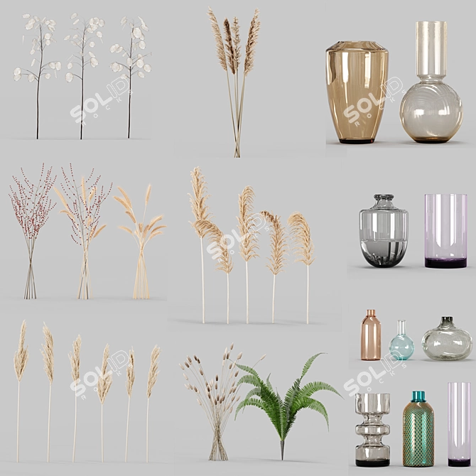 Artistic Glass Vases with Lush Plants 3D model image 2