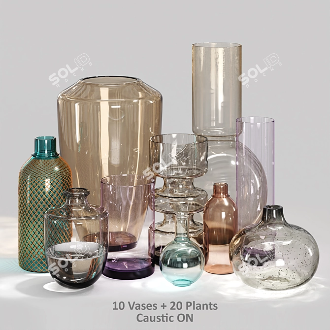 Artistic Glass Vases with Lush Plants 3D model image 6