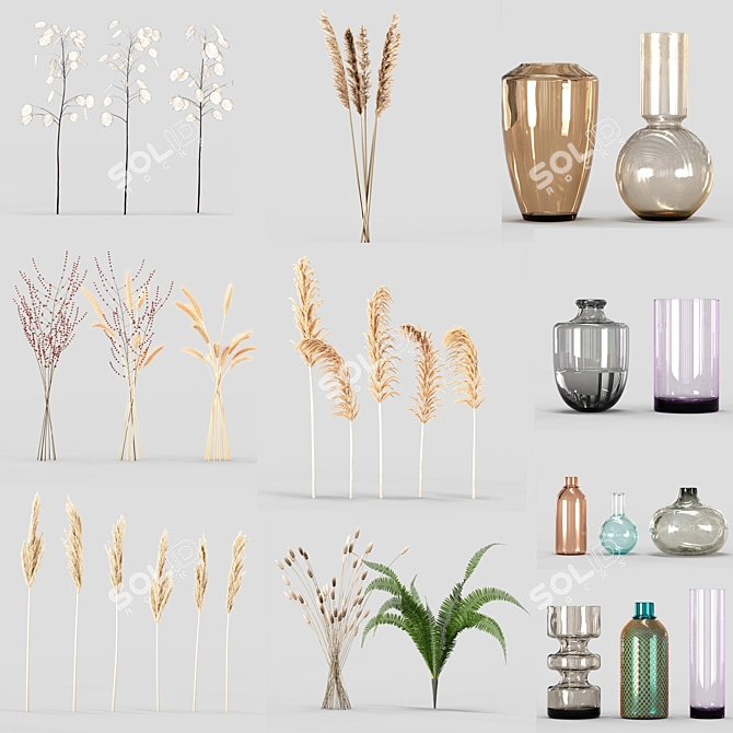 Artistic Glass Vases with Lush Plants 3D model image 8
