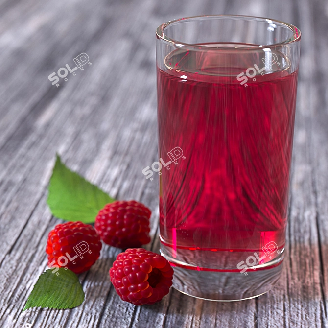 Refreshing Raspberry Bliss: Glass Cup with Drink, Raspberries & Leaves 3D model image 1