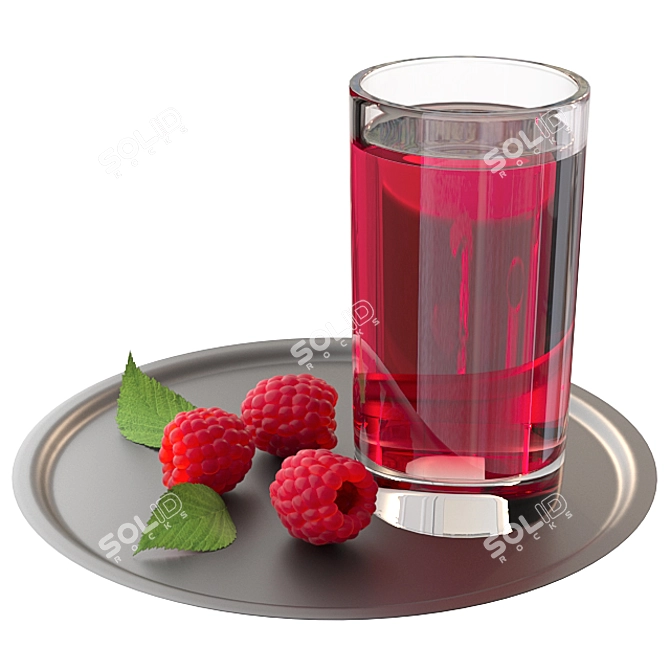 Refreshing Raspberry Bliss: Glass Cup with Drink, Raspberries & Leaves 3D model image 3