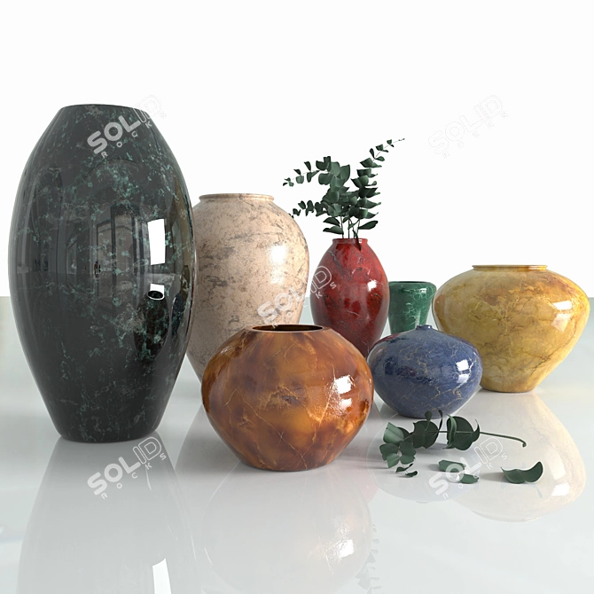 Sleek Marble Vases with Eucalyptus Branches 3D model image 1