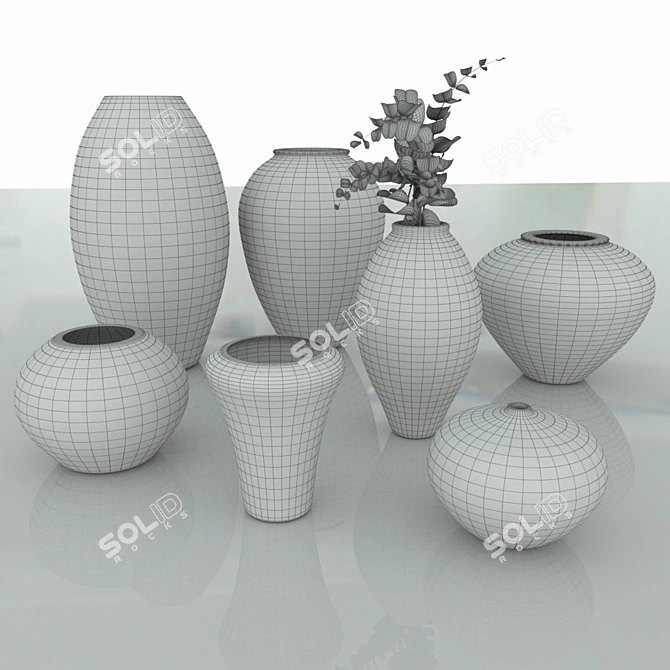 Sleek Marble Vases with Eucalyptus Branches 3D model image 4