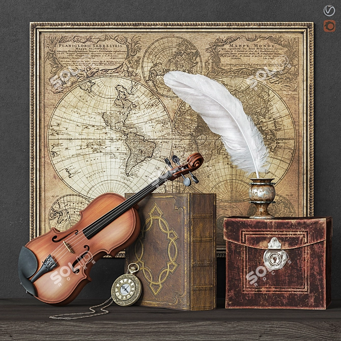 Classic Decorative Set: Violin, Pocket Watch, Inkwell 3D model image 1