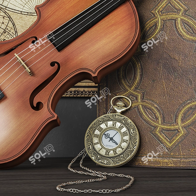 Classic Decorative Set: Violin, Pocket Watch, Inkwell 3D model image 2